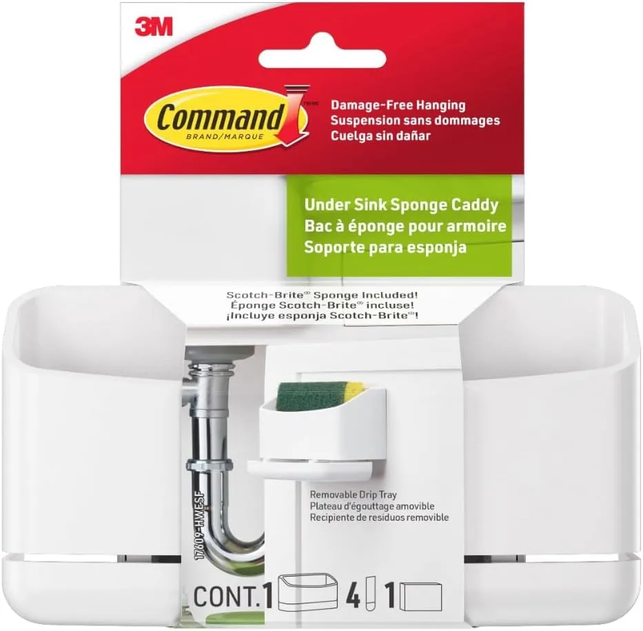 Command Under Sink Sponge Caddy, 9.38in H x 12in W x 7.75in D, White, 1 Pack