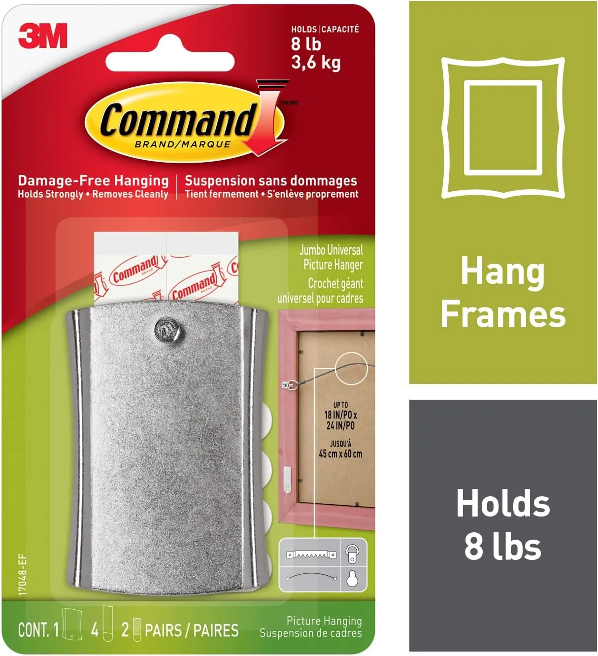 Command Universal Frame Hangers, Damage Free Hanging Picture Hangers, No Tools Frame Hanger for Living Spaces, 1 Metal Picture Frame Hanger and 4 Large Command Strips