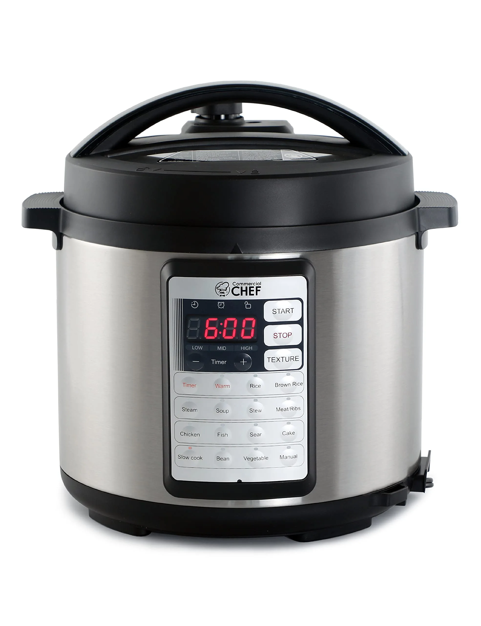 Commercial Chef Electric Pressure Cooker 6.3 Quarts, 24-Hour Preset Timer, Stainless Steel Interior with Safety Features