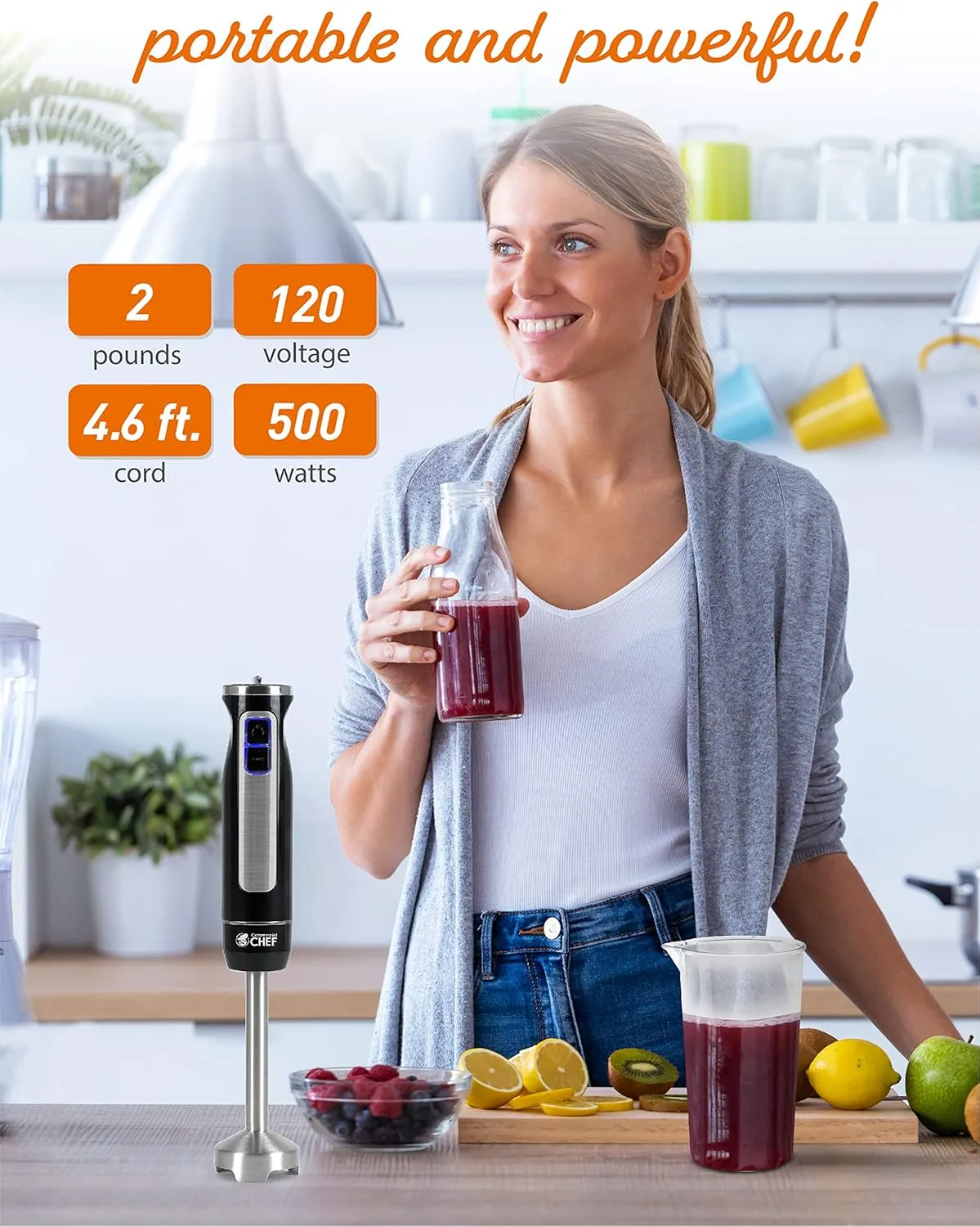 COMMERCIAL CHEF Immersion Blender, Multi-Purpose Immersion Hand Blender with Stainless Steel Blade