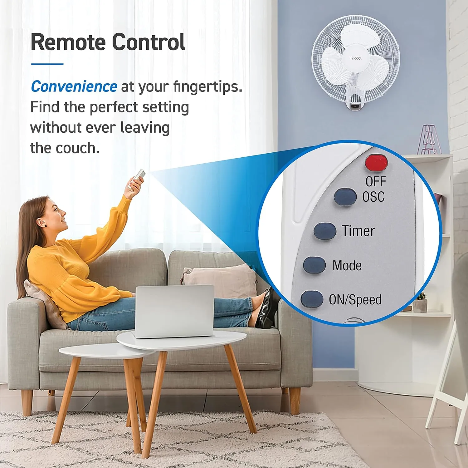 Commercial Cool 16in Adjustable Wall Fan With Remote, 18inH x 17inW x 12inD, White