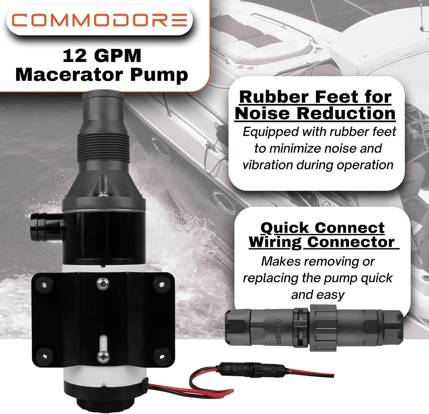 COMMODORE 12 GPM / 45 LPM Open Flow - 12V Macerator Pump for RV & Marine | Quad-Blade Chopping Design | Anti-Clog
