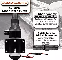 COMMODORE 12 GPM / 45 LPM Open Flow - 12V Macerator Pump for RV & Marine | Quad-Blade Chopping Design | Anti-Clog