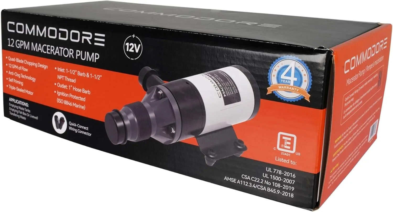 COMMODORE 12 GPM / 45 LPM Open Flow - 12V Macerator Pump for RV & Marine | Quad-Blade Chopping Design | Anti-Clog