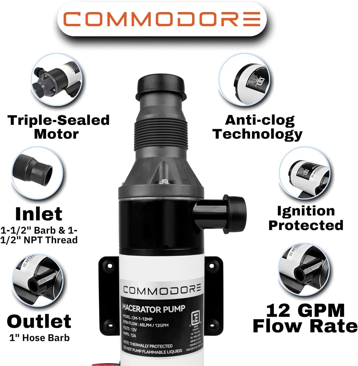 COMMODORE 12 GPM / 45 LPM Open Flow - 12V Macerator Pump for RV & Marine | Quad-Blade Chopping Design | Anti-Clog