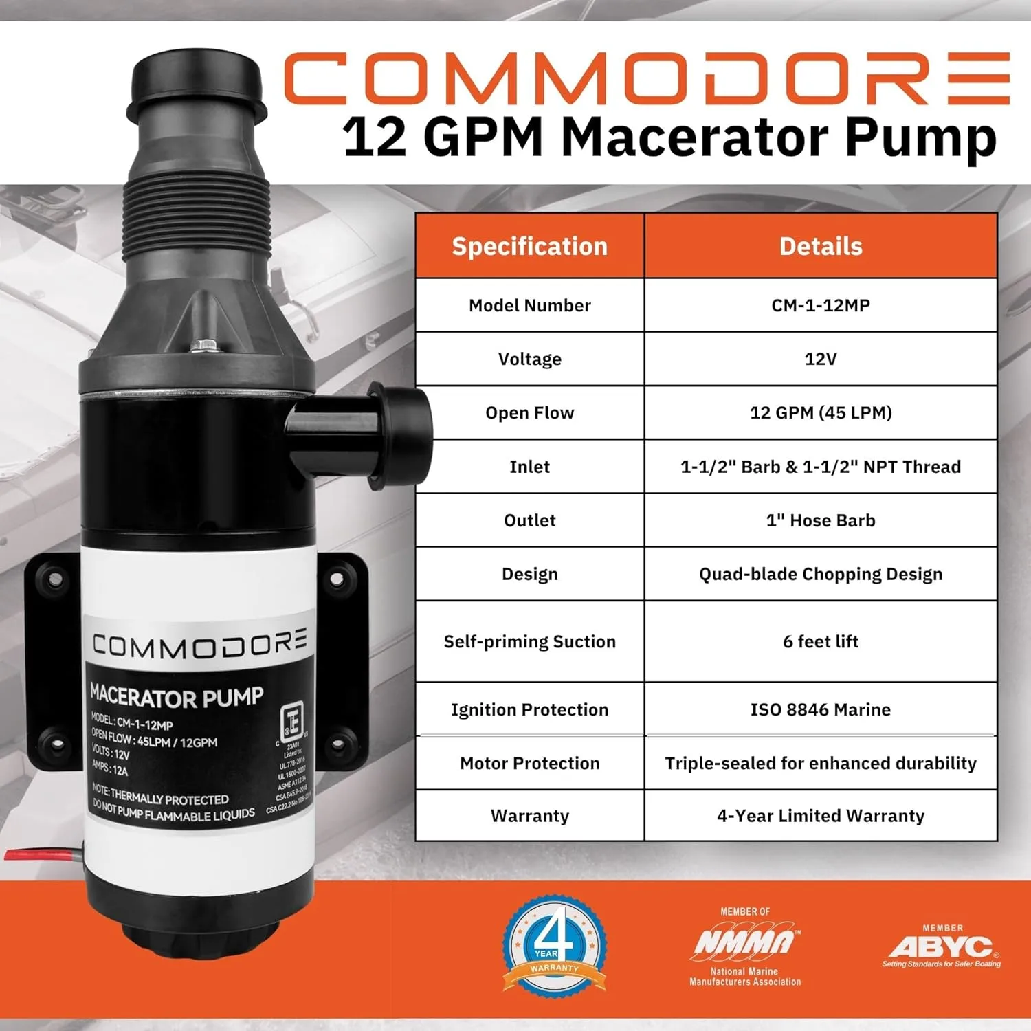 COMMODORE 12 GPM / 45 LPM Open Flow - 12V Macerator Pump for RV & Marine | Quad-Blade Chopping Design | Anti-Clog