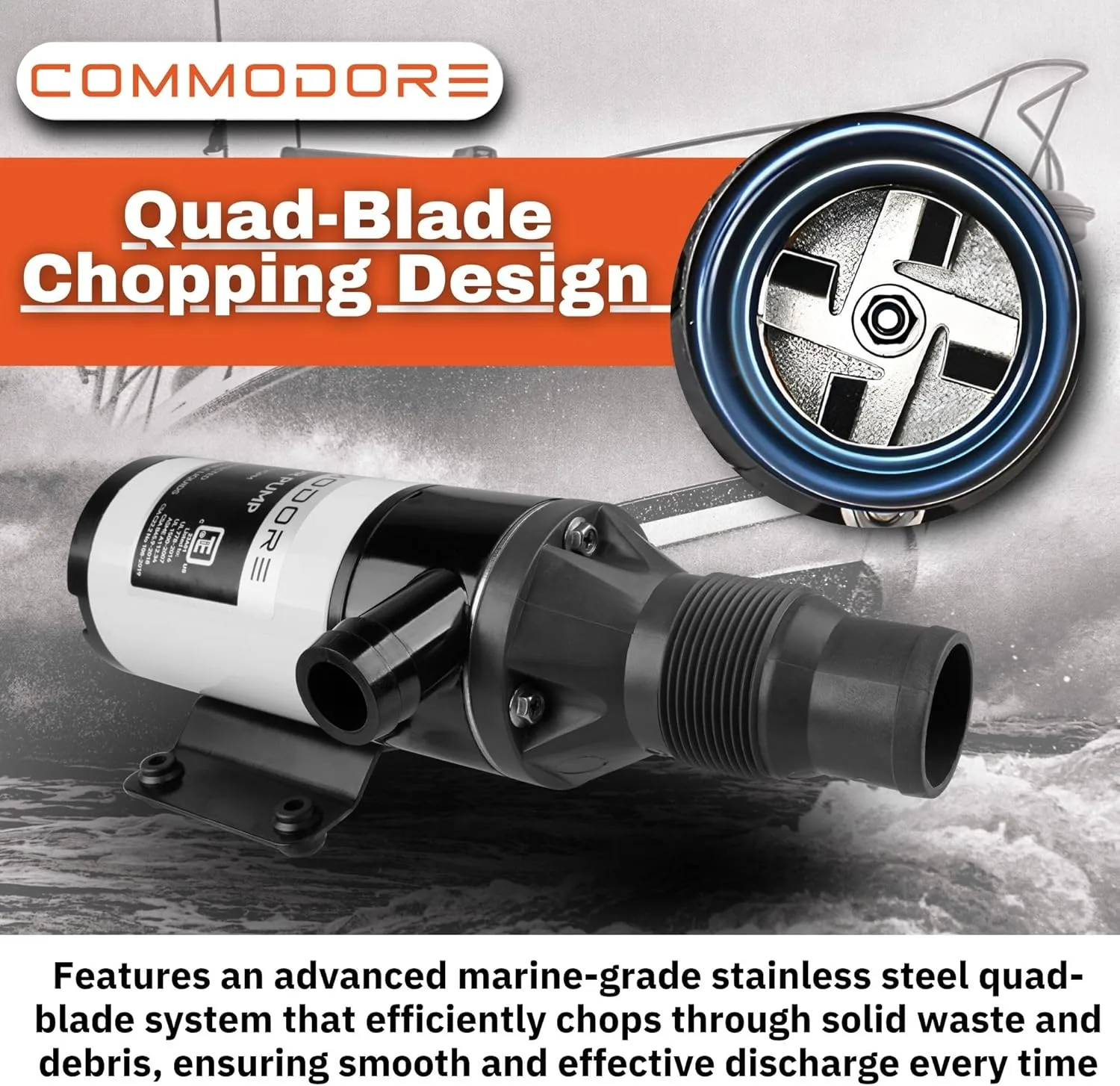COMMODORE 12 GPM / 45 LPM Open Flow - 12V Macerator Pump for RV & Marine | Quad-Blade Chopping Design | Anti-Clog
