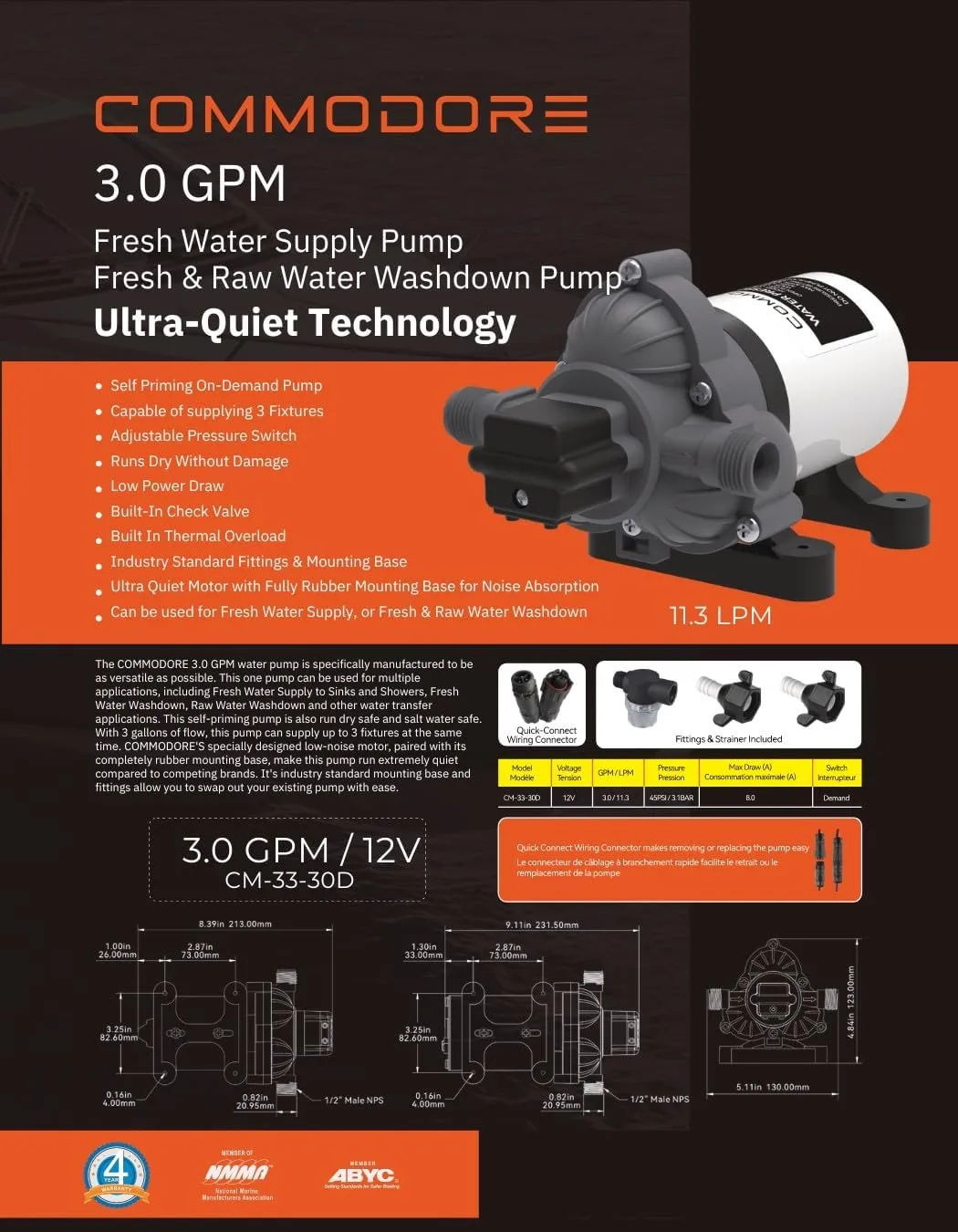 COMMODORE 3.0 GPM/12V 45 PSI Fresh/Raw Water Supply Pump