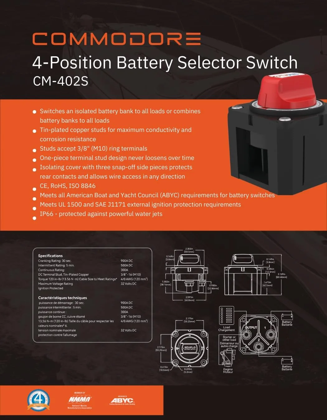 Commodore 4-Position Compact Dual Battery Selector Switch