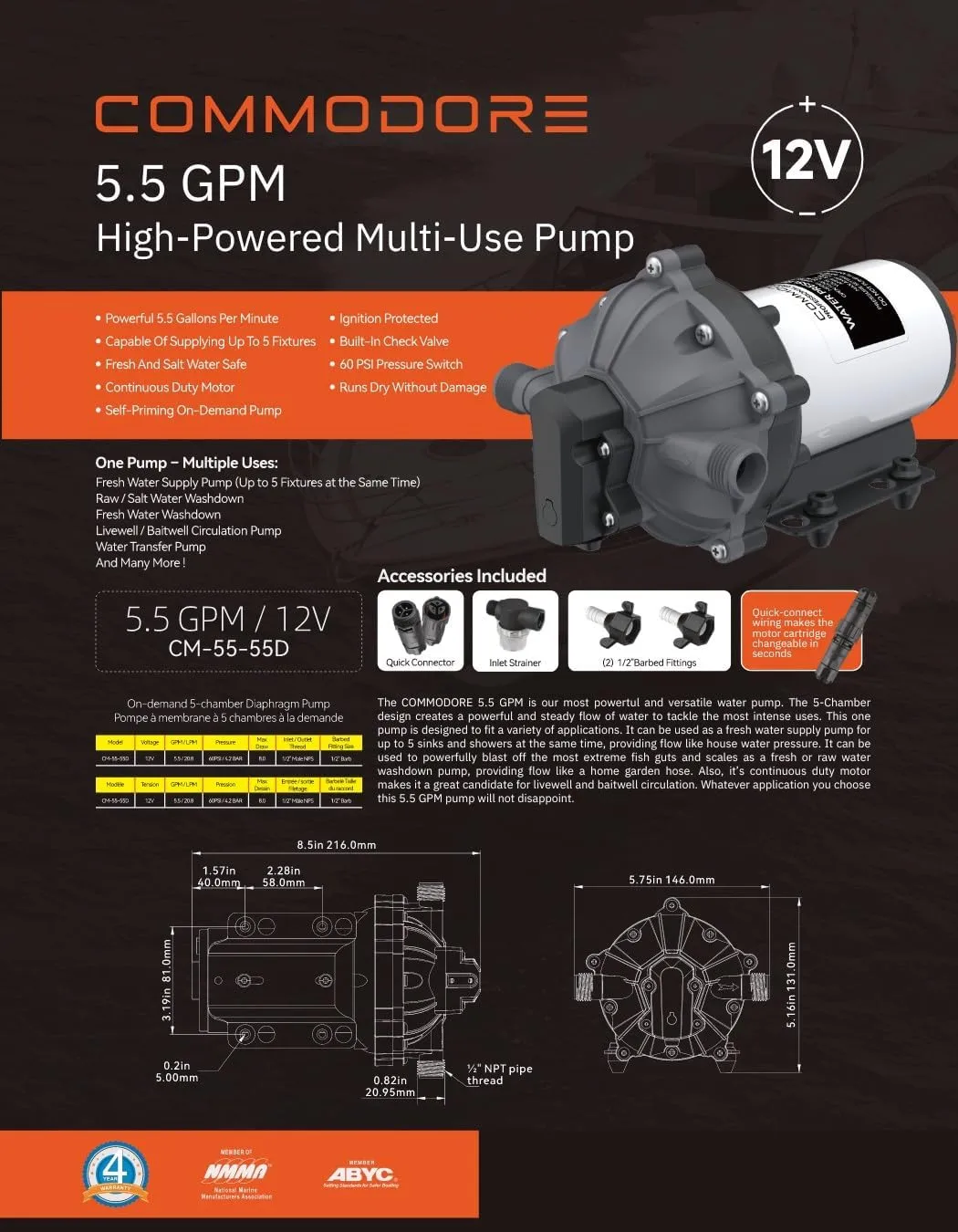 COMMODORE 5.5 GPM / 12V 60 PSI High-Powered Multi-Use Pump
