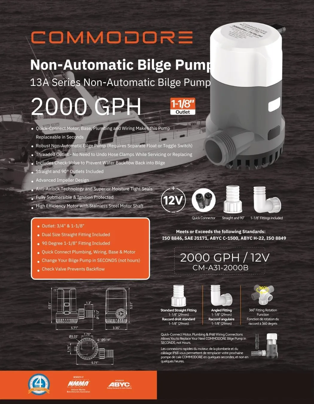 COMMODORE 31A-Series Non-Automatic Bilge Pump - 2000 gallons per hour / 12V