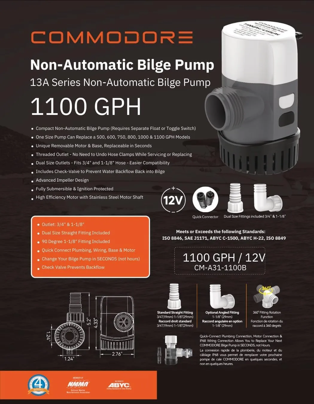 COMMODORE 31A-Series Non-Automatic Bilge Pump - 1100 gallons per hour / 12V