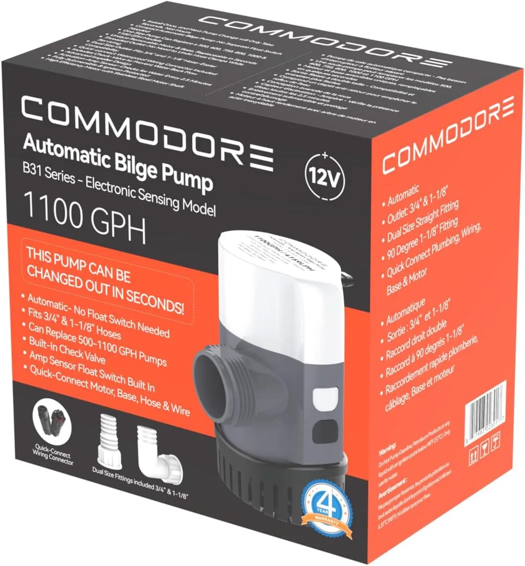 COMMODORE 31B-Series Automatic Bilge Pump - 1100 gallons per hour 12v