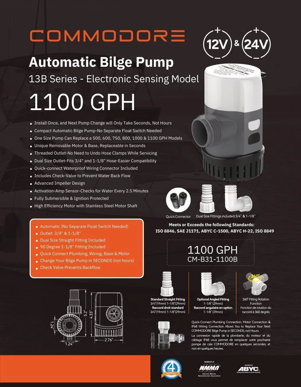COMMODORE 31B-Series Automatic Bilge Pump - 1100 gallons per hour 12v