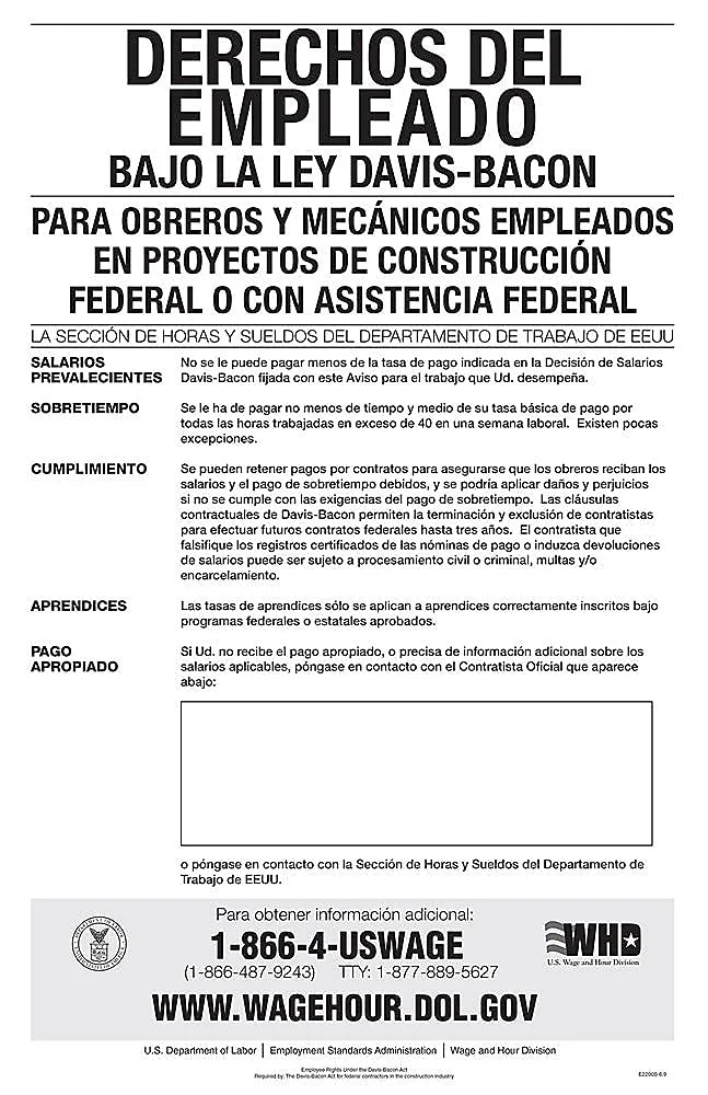 ComplyRight Federal Contractor Posters, Davis-Bacon Act, Spanish, 11in x 17in