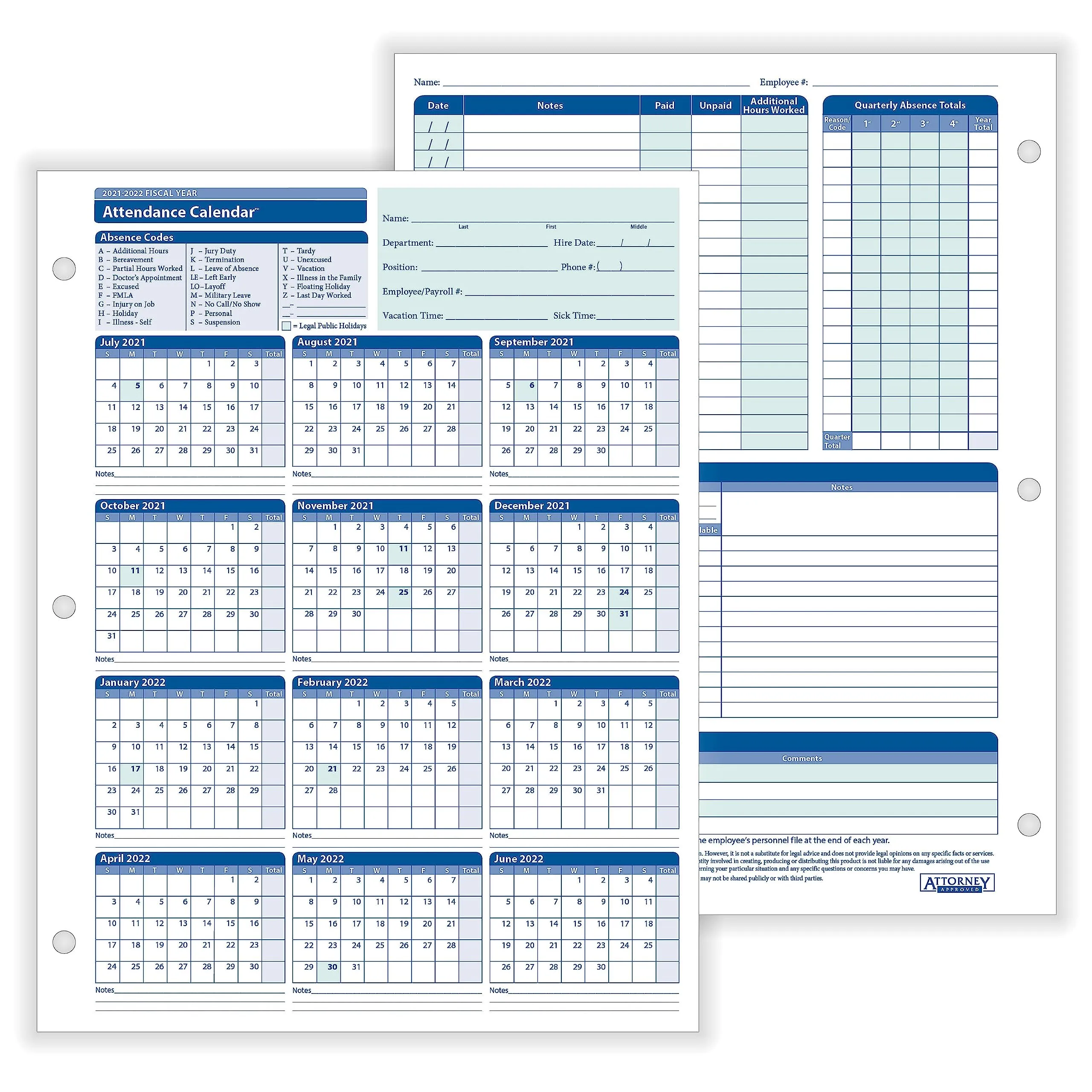 ComplyRight 2025-2026 Fiscal Attendance Calendar, 8 1/2in x 11in, Pack Of 50