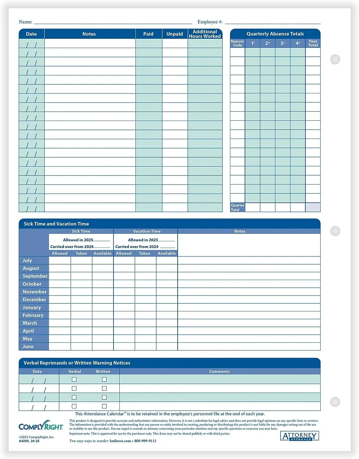 ComplyRight 2025-2026 Fiscal Attendance Calendar, 8 1/2in x 11in, Pack Of 50