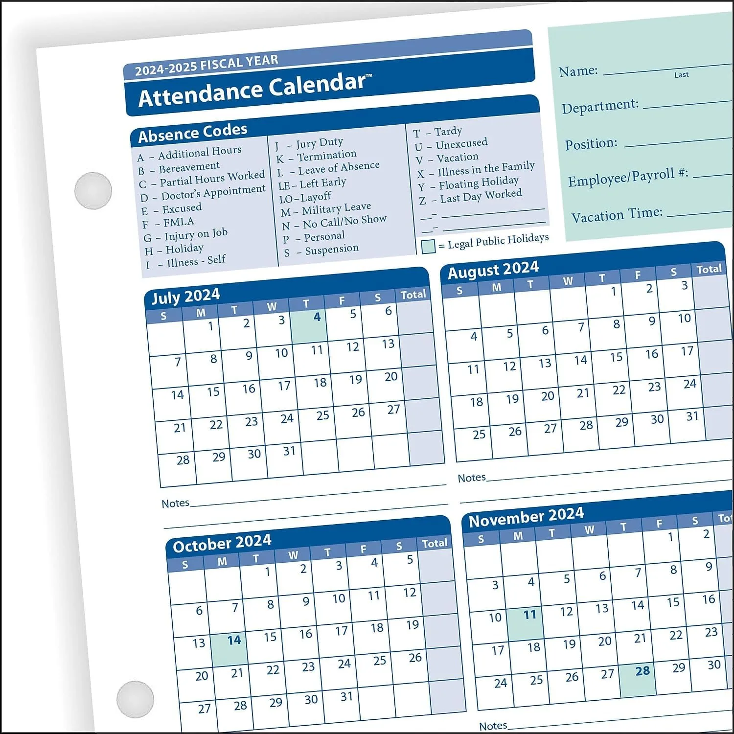 ComplyRight 2025-2026 Fiscal Attendance Calendar, 8 1/2in x 11in, Pack Of 50