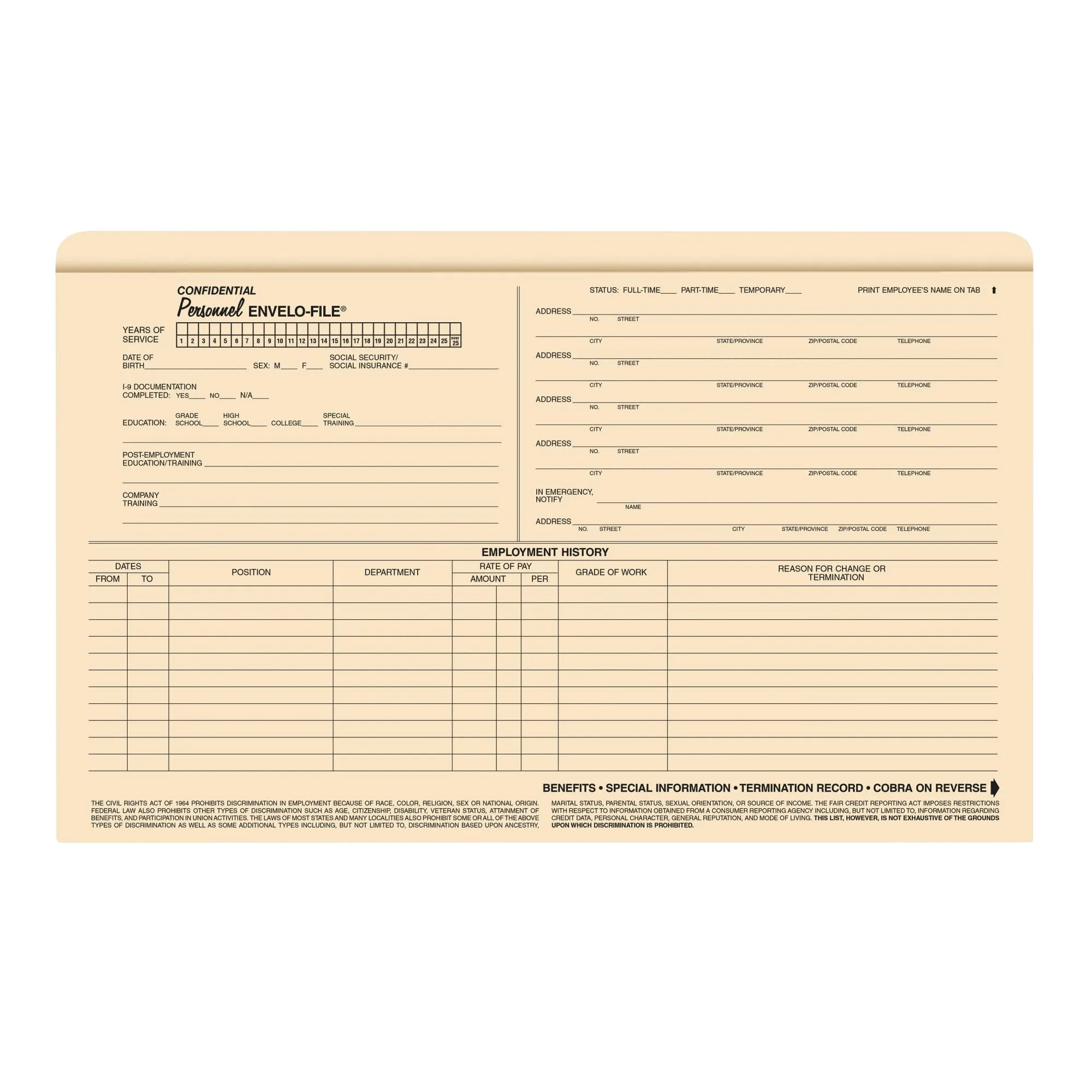 ComplyRight Envelo-File Confidential Personnel Folders, 9 1/2in x 15in, Manila, Pack Of 25