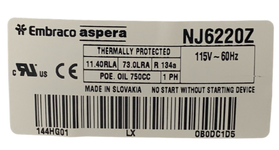 Compresor Copeland Hermetico Serie A Alta Temperatura Btus 5,050, Eer 6,0 , 115/1/60, 134A, Hp 1/2 Cfh 150 - Art51C1E-Iaa-201