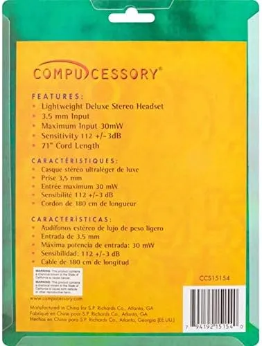 Compucessory Lightweight Stereo Headphones with Mic - Stereo - Mini-phone (3.5mm) - Wired - 32 Ohm - 20 Hz - 15154