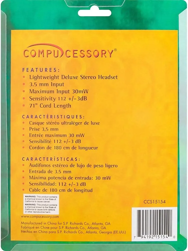 Compucessory Lightweight Stereo Headphones with Mic - Stereo - Mini-phone (3.5mm) - Wired - 32 Ohm - 20 Hz - 15154
