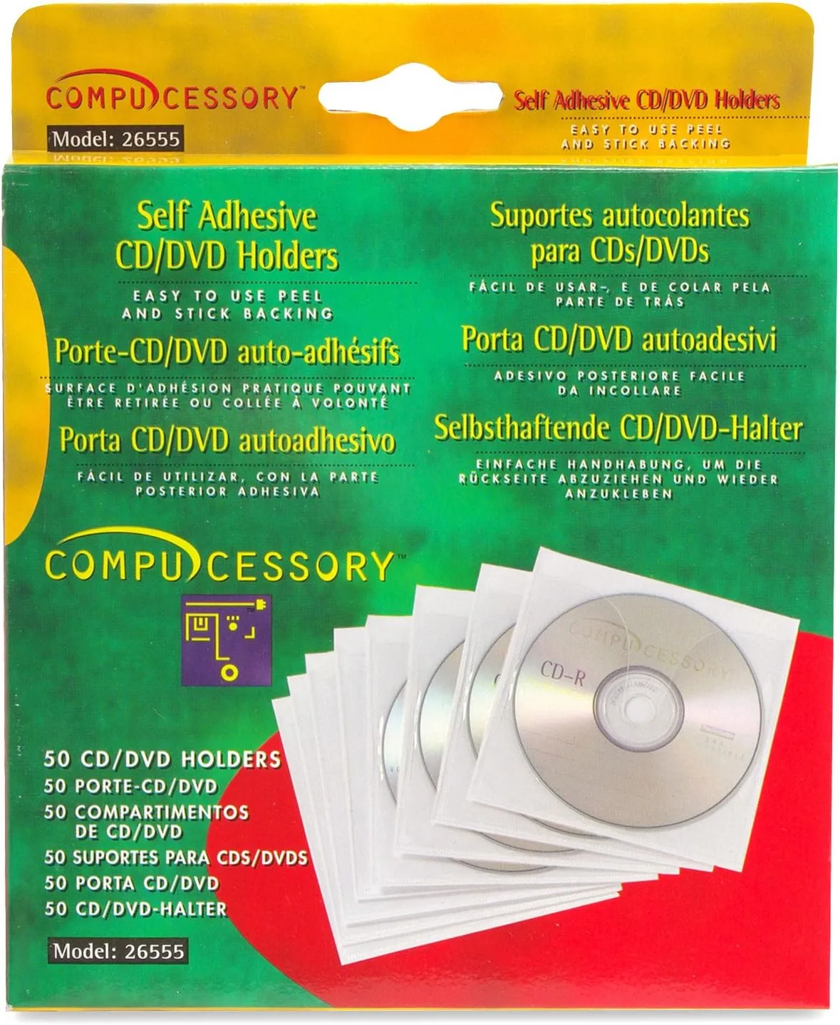 Compucessory Self-Adhesive Poly CD/DVD Holders - 1 x CD/DVD Capacity - White - Polypropylene - 50 / Pack