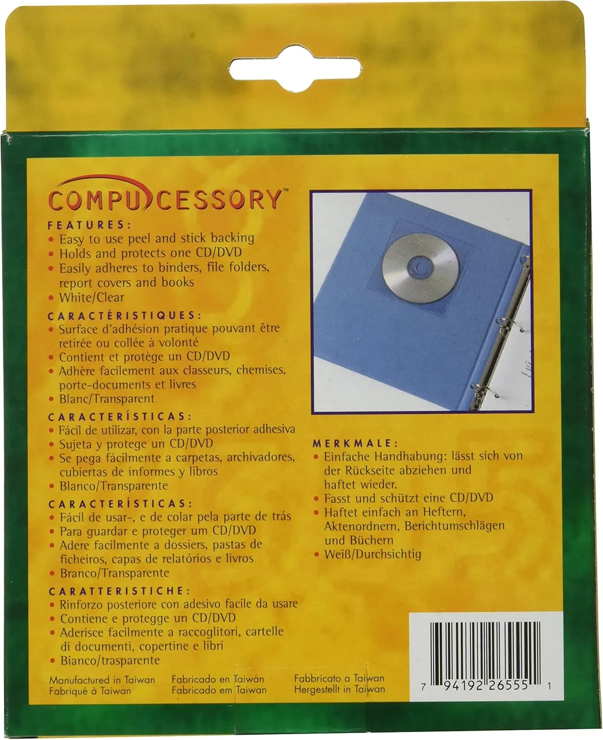 Compucessory Self-Adhesive Poly CD/DVD Holders - 1 x CD/DVD Capacity - White - Polypropylene - 50 / Pack