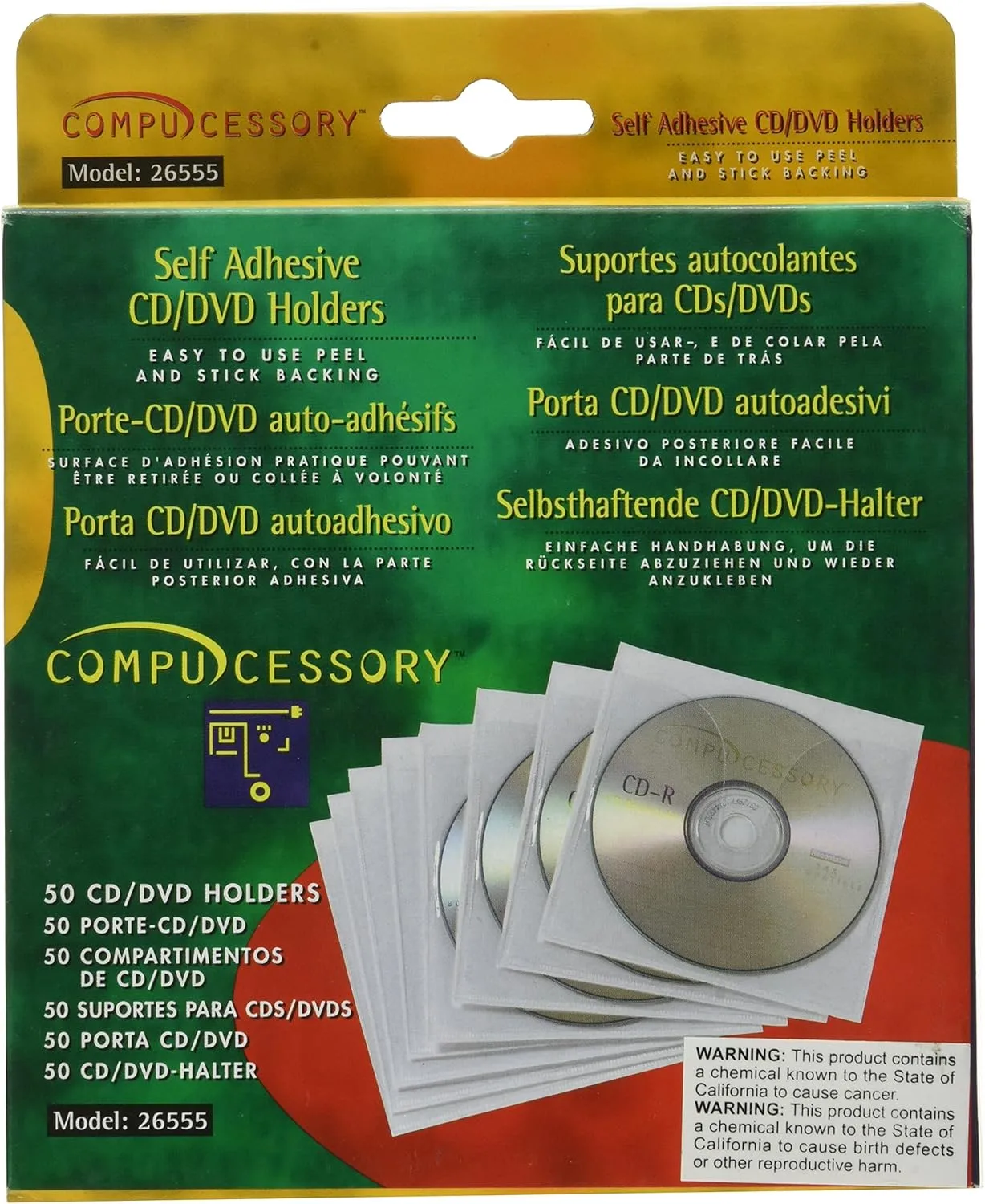 Compucessory Self-Adhesive Poly CD/DVD Holders - 1 x CD/DVD Capacity - White - Polypropylene - 50 / Pack