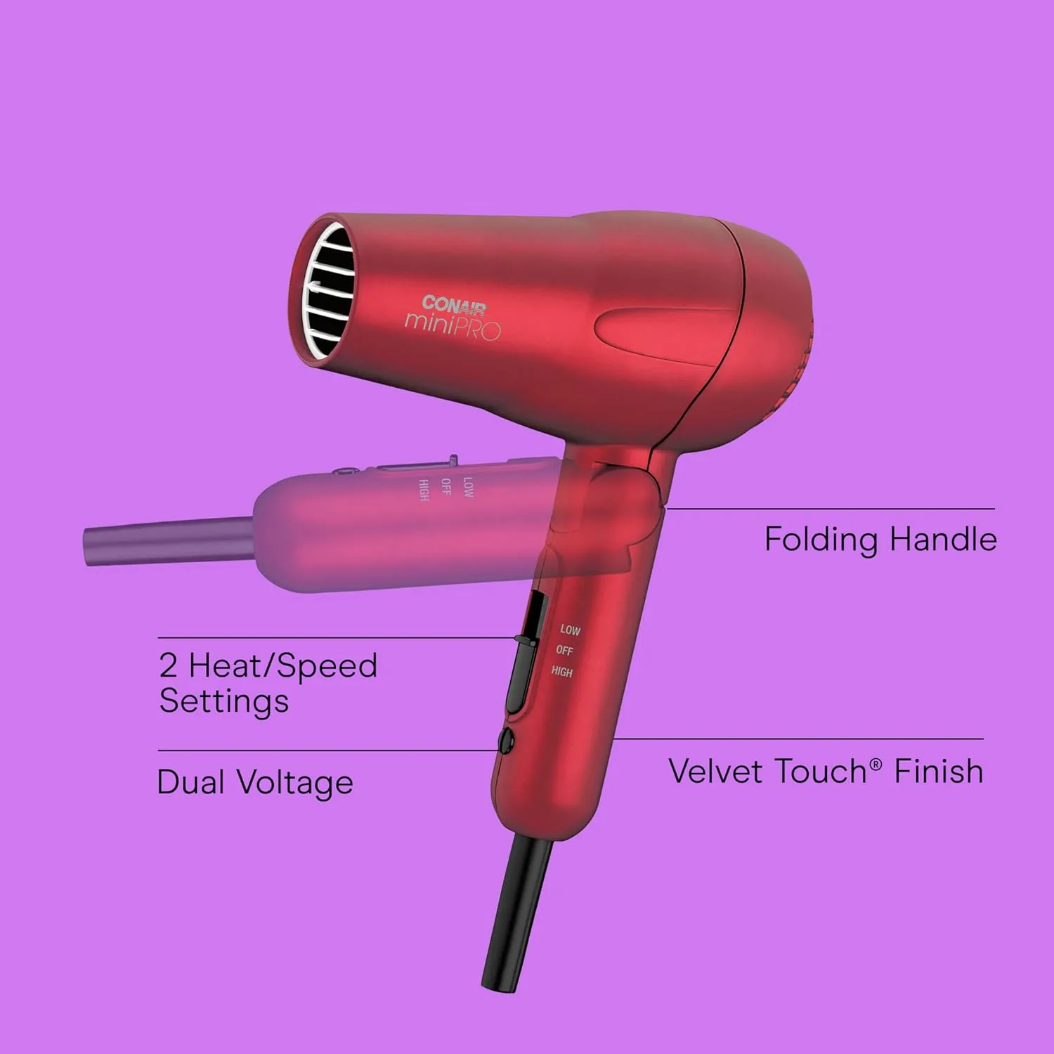 Conair Mini Pro Travel Hair Dryer with Folding Handle - 1200W Tourmaline Ceramic (Red)