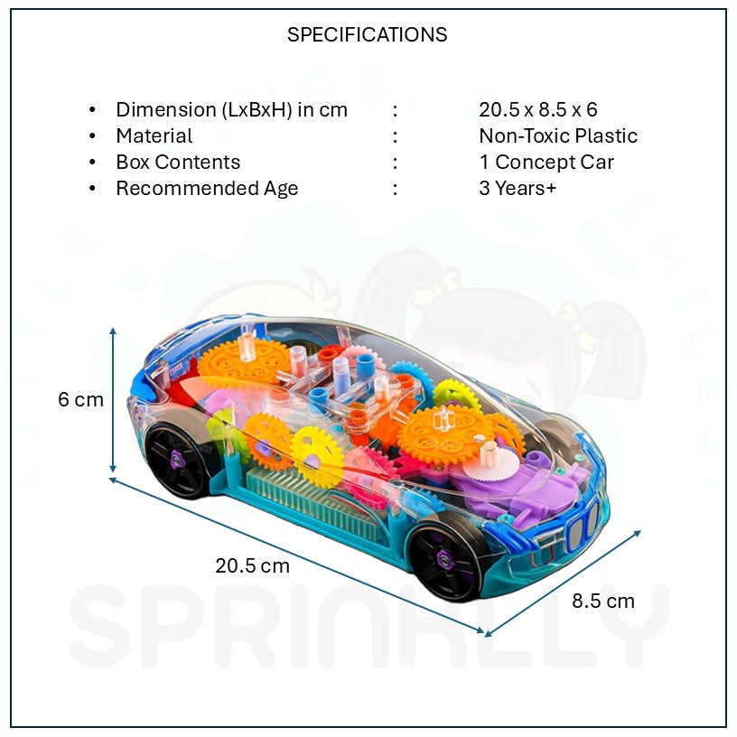 3D Gear Simulation Baby Car Toy with Music, Lights & 360° Rotation – Transparent Mechanical Car