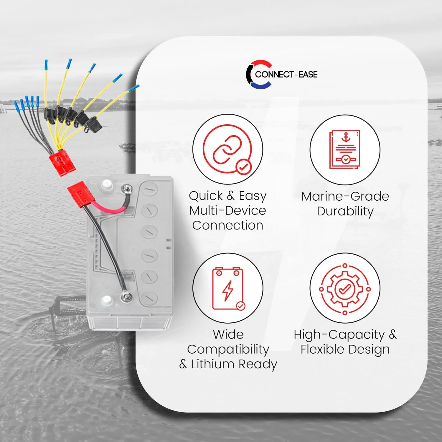 12V Battery Connector Kit CE12VB5FK | Easy 5-Lead Fused System for Any Marine Electronics | Power Depth Finders, GPS Units