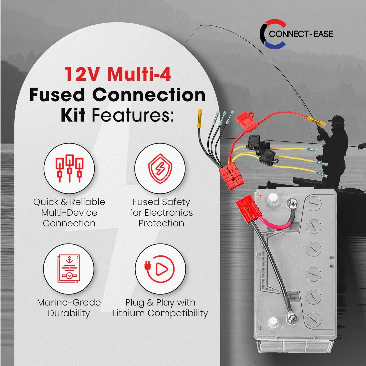 12V Multi-4 Fused Connection Kit RCE12VB4FK | Perfect for Battery Charger, Depth Finders, Bilge Pumps
