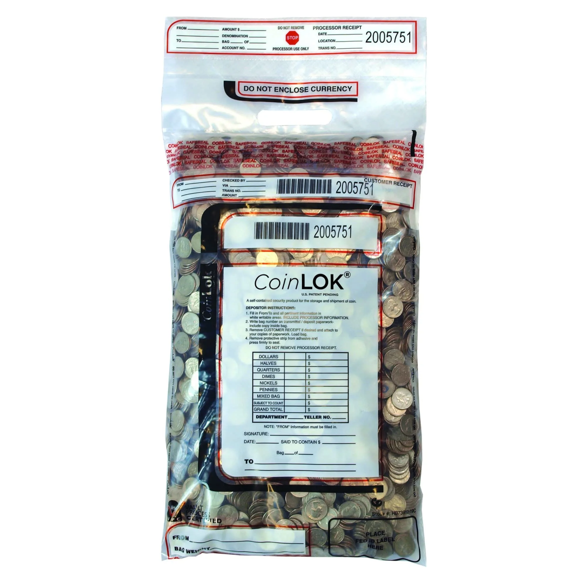 CONTROLTEK CoinLOK Coin Bag 12 x 25, Clear 50/Pack