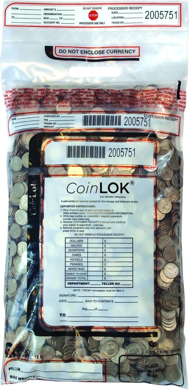 CONTROLTEK CoinLOK Coin Bag 12 x 25, Clear 50/Pack