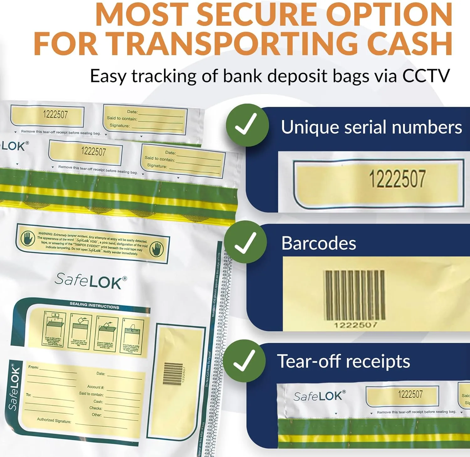 ControlTek SafeLok 9" x 12", White, 100 Bags, Tamper-Evident Deposit Bags for Cash Handling & Valuables
