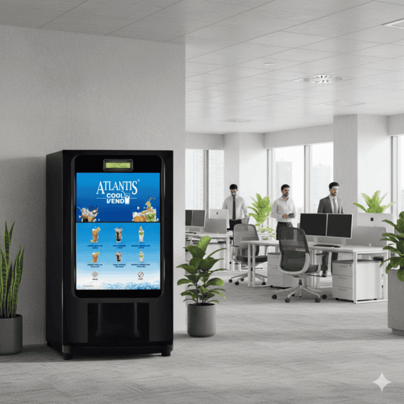 Atlantis Cool Vend zero-wait machine pouring a refreshing cold drink.