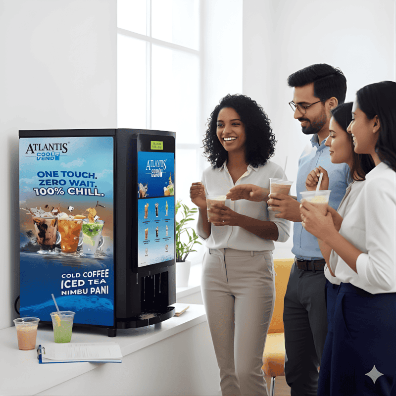Modern Atlantis cold beverage vending unit with digital display controls.