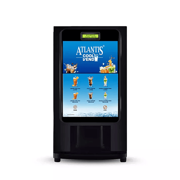 Front view of the sleek Atlantis Cool Vend cold beverage vending machine.