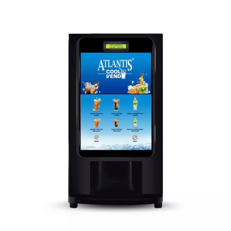 Front view of the sleek Atlantis Cool Vend cold beverage vending machine.