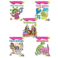 Copy N Colour Big Colouring Books Set for Kids | ABC, Hindi, Farm Animals, Goddesses & Dinosaurs (Set of 5)