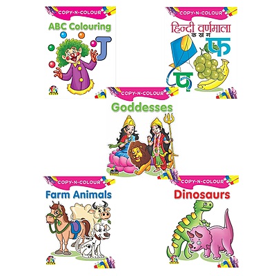Copy N Colour Big Colouring Books Set for Kids | ABC, Hindi, Farm Animals, Goddesses & Dinosaurs (Set of 5)