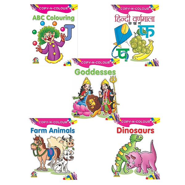 Copy N Colour Big Colouring Books Set for Kids | ABC, Hindi, Farm Animals, Goddesses & Dinosaurs (Set of 5)
