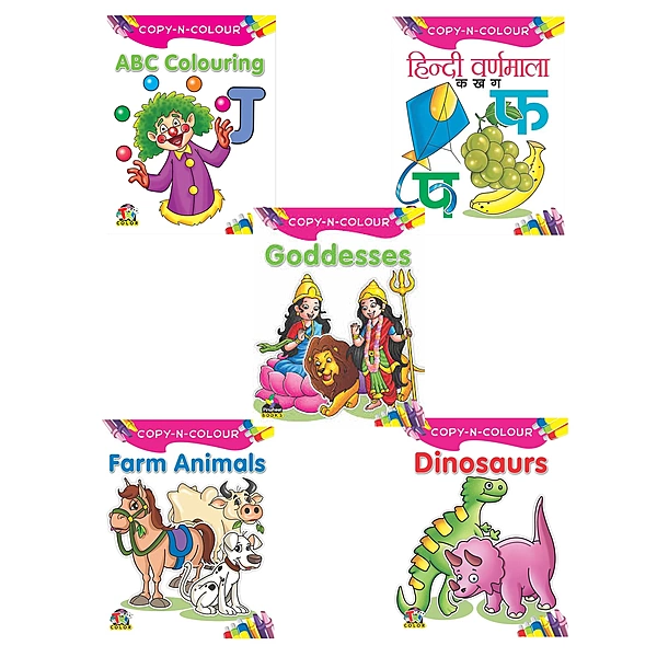 Copy N Colour Big Colouring Books Set for Kids | ABC, Hindi, Farm Animals, Goddesses & Dinosaurs (Set of 5)