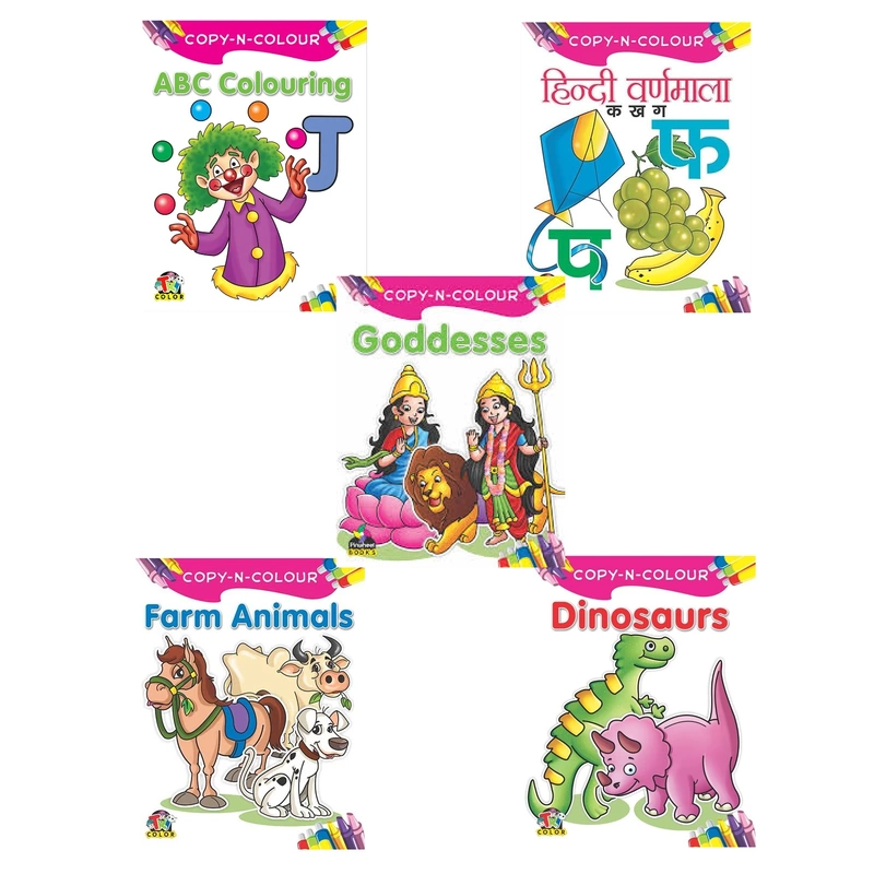 Copy N Colour Big Colouring Books Set for Kids | ABC, Hindi, Farm Animals, Goddesses & Dinosaurs (Set of 5)