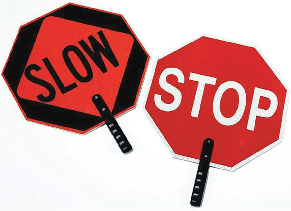 Cortina ABS Plastic Pole Mounted Paddle Sign, STOP/SLOW, 03-851, 18 Sign with 9 Polygrip Handle, Red on Orange Red/Orange