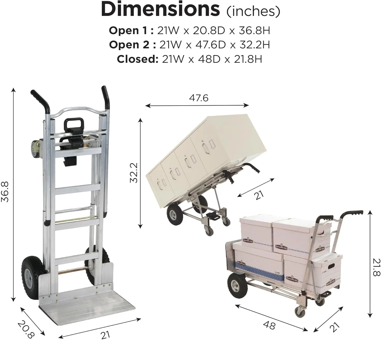 COSCO 3-in-1 Assist Series Aluminum Hand Truck/Cart with Flat Free Wheels, 800/1000 lb Capacity, Silver
