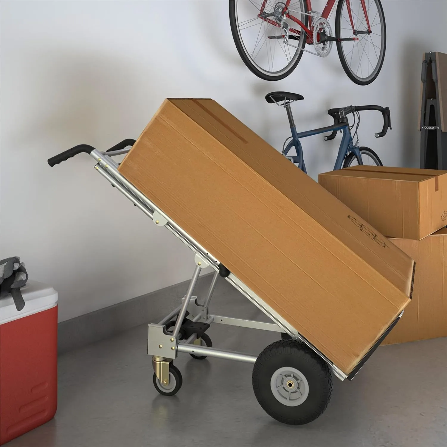 COSCO 3-in-1 Assist Series Aluminum Hand Truck/Cart with Flat Free Wheels, 800/1000 lb Capacity, Silver