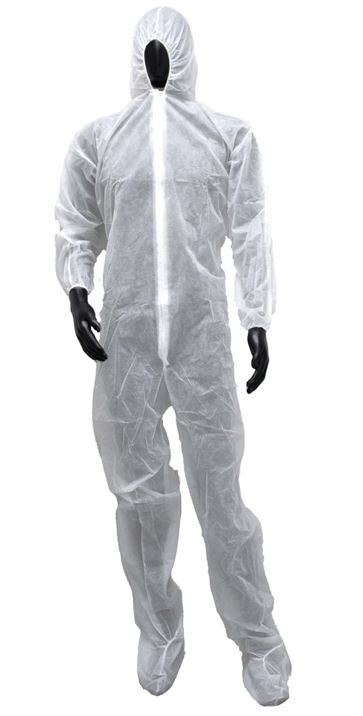 White Polypro Coverall with Hood, Elastic Wrists, Boots, 2-gram weight