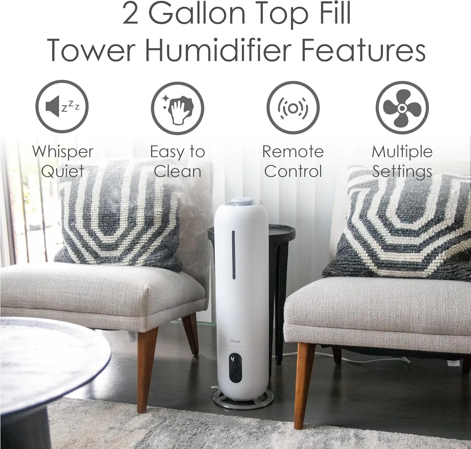 Crane 2 Gallon Top Fill Ultrasonic Cool Mist Tower Humidifier for Home, Whisper Quiet, Filter Free, Dishwasher Safe